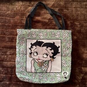 Vtg 2003 Betty Boop Large Tapestry Tote Bag - Peace Signs & Daisies - Y2K Retro
